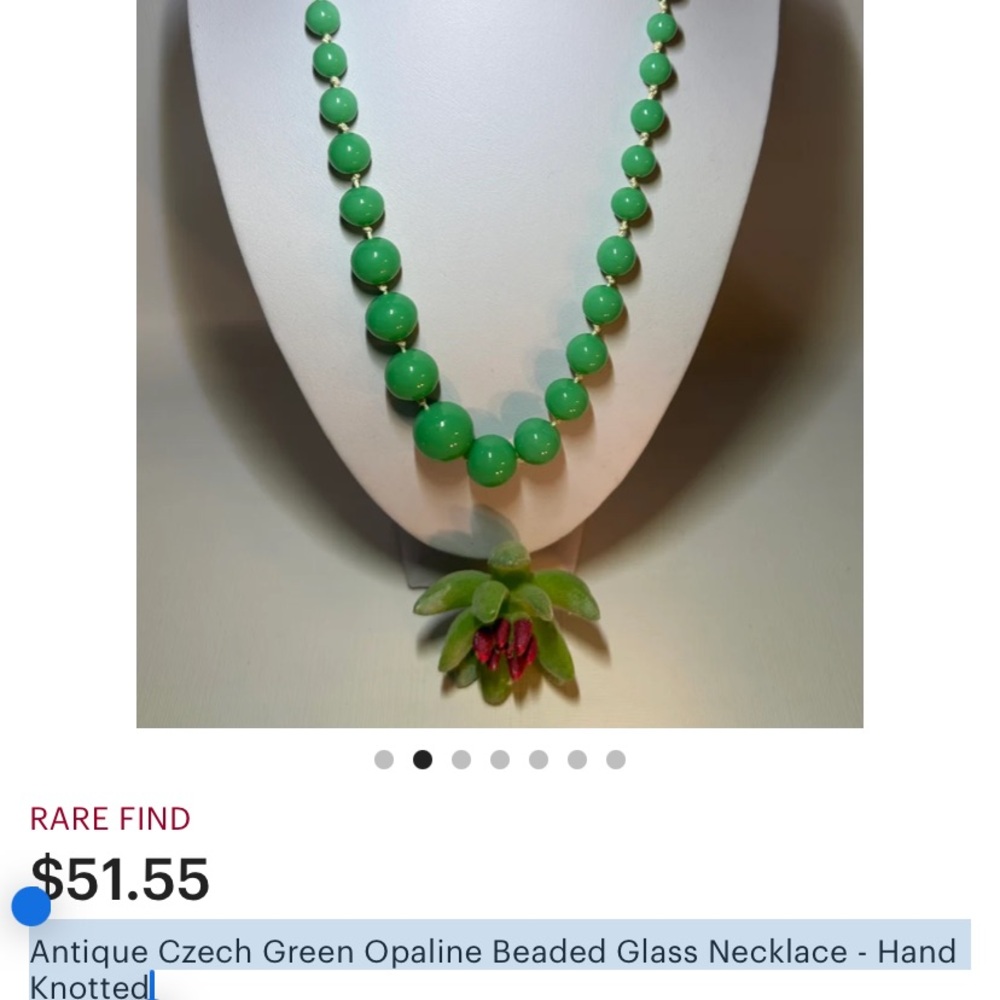 Antique Czech Green Opaline Beaded Glass Necklace - Hand Knotted west Germany